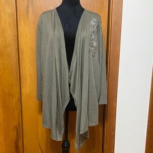 Olive Women's Open Light Cardigan Drape Front Silver Gray Beaded Embellishment